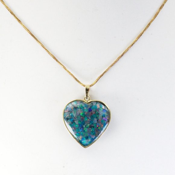 Massive 14k Gold Opal Triplet Onyx Heart Valentine Necklace - Picture 4 of 15